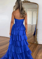 Marjorie | A - Line Sweetheart Chiffon Tiered Long Royal Blue Prom Dress with Slit - Royal Blue - PromDressClub